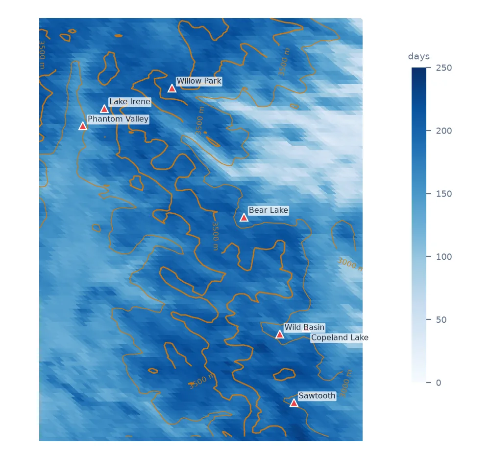 Map of a 34 by 44 km box over Rocky Mountain National Park coloured by the number of days each 500 m MODIS pixel was snow-covered in water year 2024, from under 50 in the eastern valleys to over 200 on the high ground, with 3,000 and 3,500 m contours and seven SNOTEL stations marked.