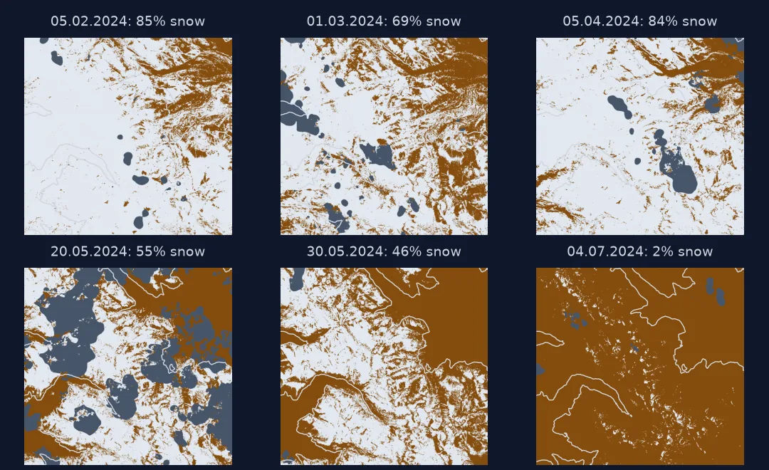 Six Sentinel-2 snow maps of a 19 by 18 km window of Rocky Mountain National Park in 2024: snow in blue covers most of the window on 5 February and 5 April, retreats to the high ground by 30 May, and is almost gone on 4 July; brown is snow-free ground, grey masked cloud, and a black line the 3,000 m contour.