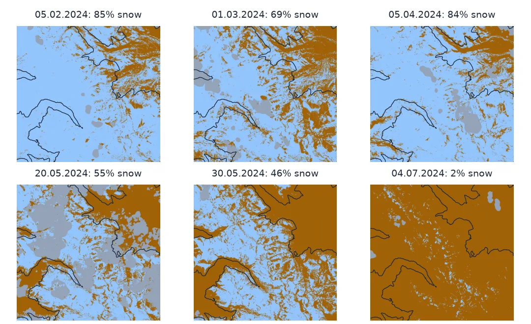Six Sentinel-2 snow maps of a 19 by 18 km window of Rocky Mountain National Park in 2024: snow in blue covers most of the window on 5 February and 5 April, retreats to the high ground by 30 May, and is almost gone on 4 July; brown is snow-free ground, grey masked cloud, and a black line the 3,000 m contour.