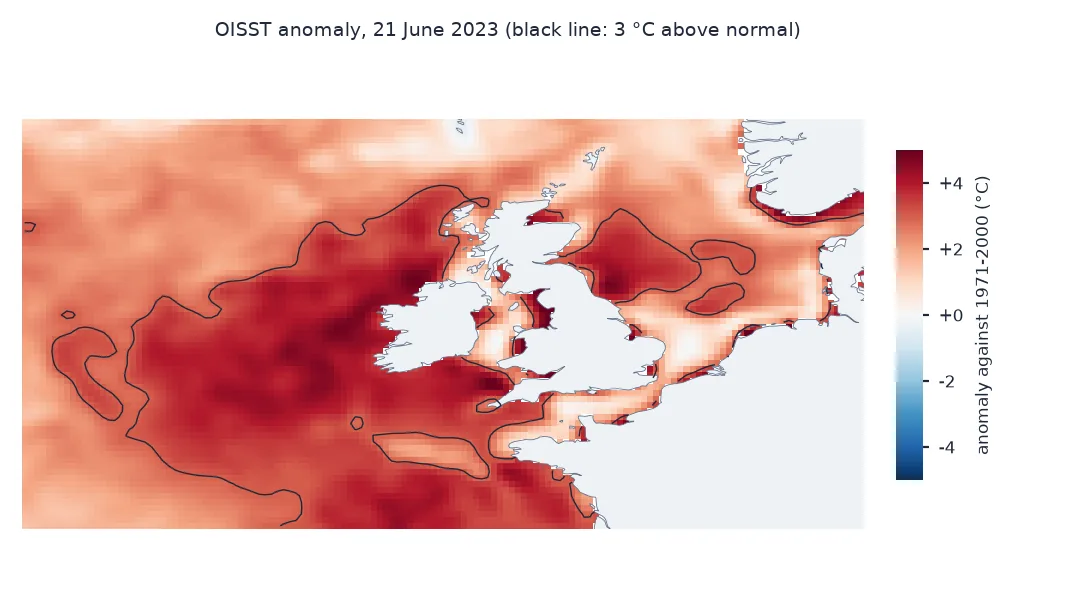 Map of the OISST anomaly on 21 June 2023 against the 1971 to 2000 climatology: almost the whole box is warmer than normal, with a large area more than 3 degrees above normal west of Ireland and across the Celtic Sea, another in the central North Sea, and the largest anomalies, near 7 degrees, along the Dutch and German Wadden coast.