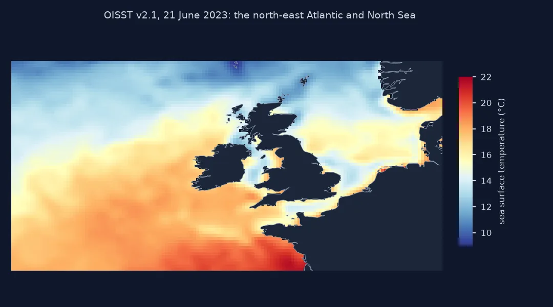 Map of sea surface temperature on 21 June 2023 from 45 to 62 degrees north and 25 degrees west to 10 degrees east: the Bay of Biscay and the south of the box are warmest, above 20 degrees, the Norwegian Sea in the north coolest, near 9 degrees; the North Sea is 15 to 18 degrees, warmest along the Dutch, German and Danish coasts.
