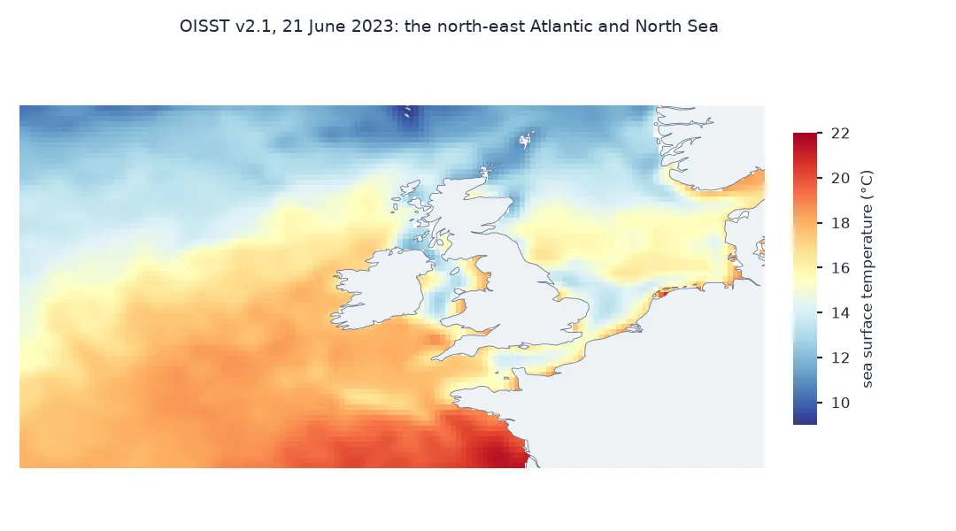 Map of sea surface temperature on 21 June 2023 from 45 to 62 degrees north and 25 degrees west to 10 degrees east: the Bay of Biscay and the south of the box are warmest, above 20 degrees, the Norwegian Sea in the north coolest, near 9 degrees; the North Sea is 15 to 18 degrees, warmest along the Dutch, German and Danish coasts.