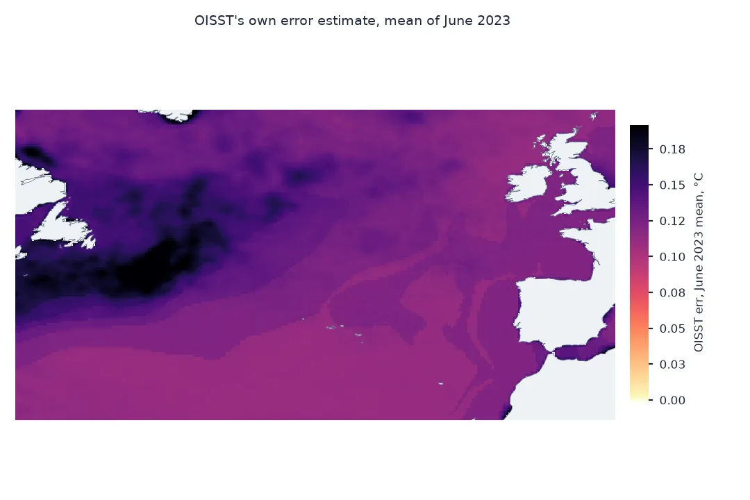 Map of OISST's own error estimate averaged over June 2023 across the North Atlantic from 30 to 60 degrees north: values are low almost everywhere, around 0.1 degrees, and highest in the cold water off Newfoundland and Labrador.