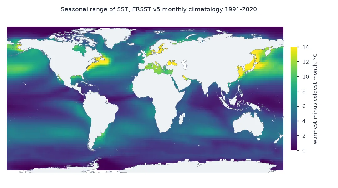 World map of the seasonal range of sea surface temperature, warmest minus coldest month of the ERSST v5 1991-2020 climatology: small in the tropics and the Southern Ocean, largest in yellow off East Asia, off the north-east United States and in enclosed seas such as the Mediterranean and Black Sea.