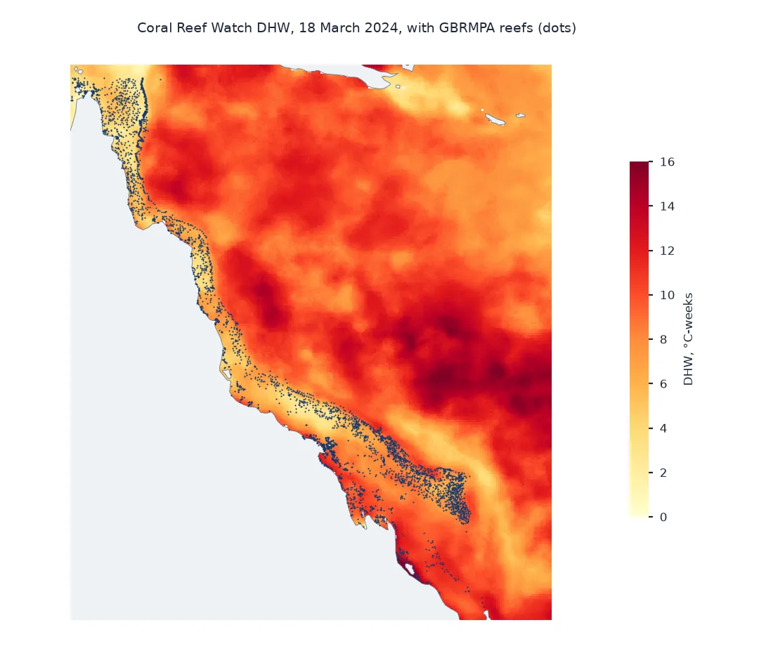 Map of Coral Reef Watch degree heating weeks over the Great Barrier Reef and Coral Sea on 18 March 2024, with GBRMPA reef label points as small dots along the shelf: heat stress is high over most of the Coral Sea and the southern reefs and lower in the inshore water along the coast.