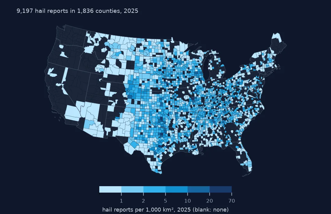 County map of the lower 48 states shaded blue by hail reports per 1,000 square kilometres in 2025, densest across the Plains from Texas to South Dakota and in metropolitan counties such as St. Louis and Tulsa, with most western counties blank.