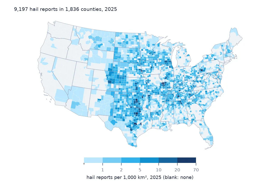 County map of the lower 48 states shaded blue by hail reports per 1,000 square kilometres in 2025, densest across the Plains from Texas to South Dakota and in metropolitan counties such as St. Louis and Tulsa, with most western counties blank.