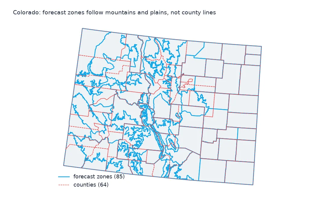 Map of Colorado with Weather Service forecast zone boundaries in blue following mountain ranges and valleys in irregular shapes, and county boundaries dashed in red forming a different, more regular pattern.