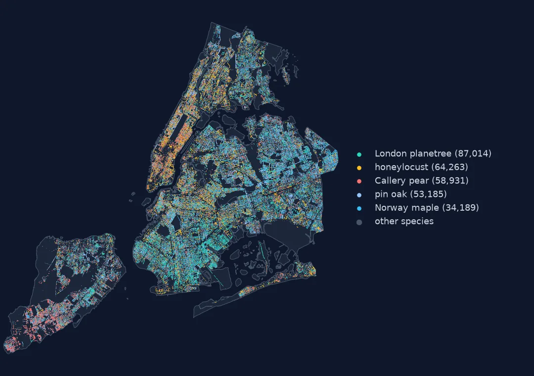 Map of New York City with every living street tree as a tiny dot, coloured for the five commonest species: London planetree, honeylocust, Callery pear, pin oak and Norway maple, with grey for all others. Callery pear stands out in red across Staten Island.