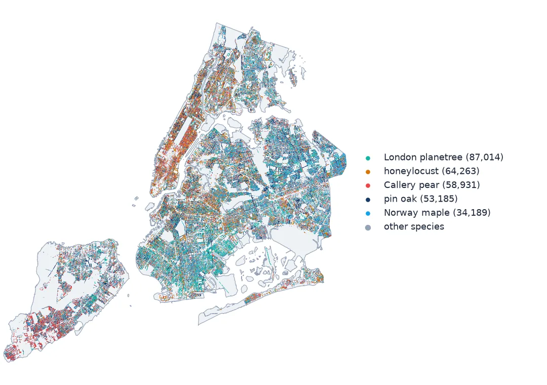 Map of New York City with every living street tree as a tiny dot, coloured for the five commonest species: London planetree, honeylocust, Callery pear, pin oak and Norway maple, with grey for all others. Callery pear stands out in red across Staten Island.