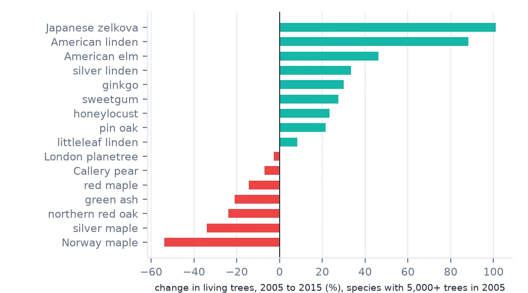 Bar chart of change in living trees from 2005 to 2015 for common species: Japanese zelkova and American linden up most, Norway maple down 54 percent and silver maple down 34 percent.