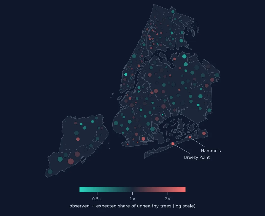 Map of New York with a circle per neighbourhood coloured by observed over expected share of unhealthy trees: mostly pale, with red circles labelled Breezy Point and Hammels on the Rockaway peninsula.