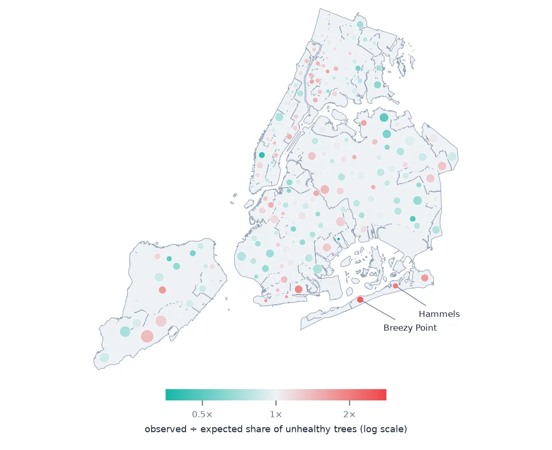 Map of New York with a circle per neighbourhood coloured by observed over expected share of unhealthy trees: mostly pale, with red circles labelled Breezy Point and Hammels on the Rockaway peninsula.