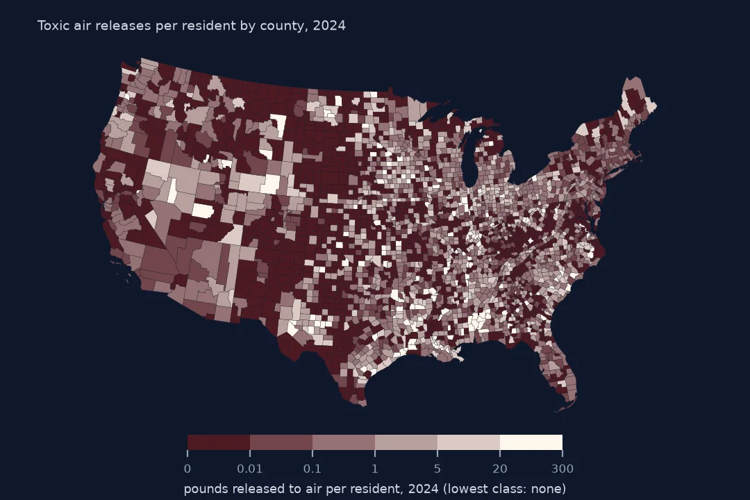 Map of lower-48 counties shaded by pounds of toxic chemicals released to air per resident in 2024, darkest in scattered rural counties of the South, the Gulf Coast and the northern Plains, palest where nothing is released.