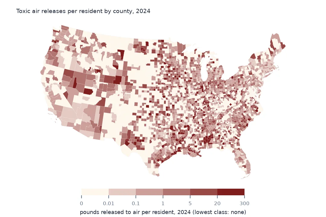Map of lower-48 counties shaded by pounds of toxic chemicals released to air per resident in 2024, darkest in scattered rural counties of the South, the Gulf Coast and the northern Plains, palest where nothing is released.