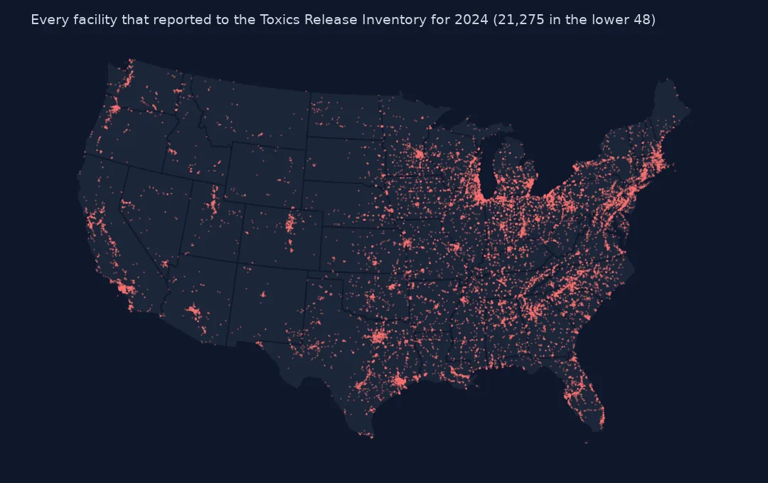 Map of the lower 48 with a small red dot for every facility that reported to the Toxics Release Inventory for 2024, densest in the Midwest, the Northeast, the Gulf Coast and the Southeast.