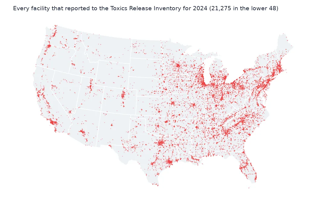 Map of the lower 48 with a small red dot for every facility that reported to the Toxics Release Inventory for 2024, densest in the Midwest, the Northeast, the Gulf Coast and the Southeast.