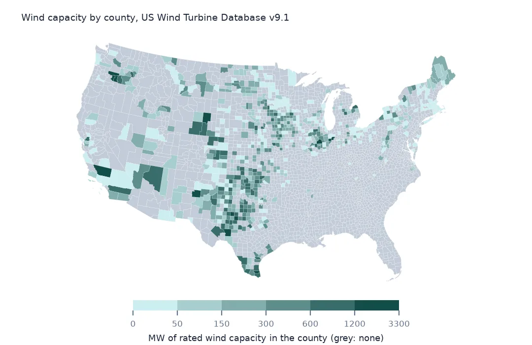 County map of the lower 48 shaded by wind capacity, darkest in Kern County, west Texas, Oklahoma, Kansas, Iowa, Wyoming and the Columbia Gorge; most eastern and southern counties have none.