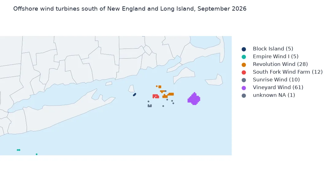 Map of the sea south of Long Island and southern New England with offshore turbines coloured by project: Block Island off Rhode Island, South Fork, Revolution and Sunrise further out, and Vineyard Wind's grid south of Martha's Vineyard.