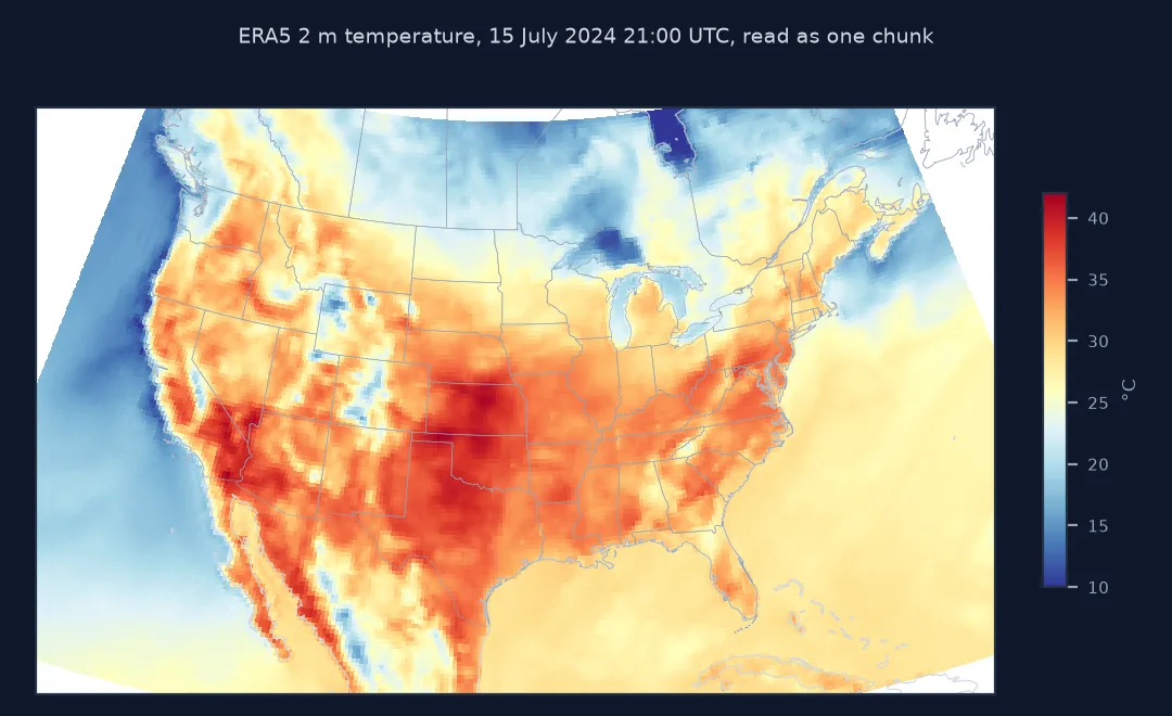Map of ERA5 2 m temperature over the United States at 21:00 UTC on 15 July 2024, hottest in the southern Plains and the Southwest above 40 °C and cool along the Pacific coast.