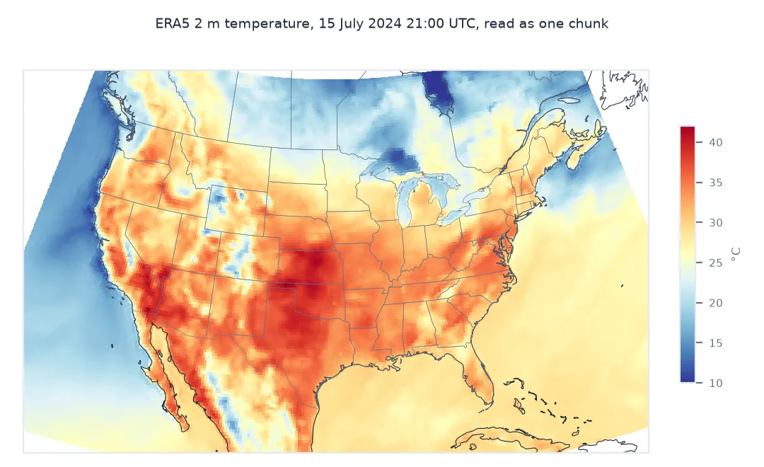 Map of ERA5 2 m temperature over the United States at 21:00 UTC on 15 July 2024, hottest in the southern Plains and the Southwest above 40 °C and cool along the Pacific coast.