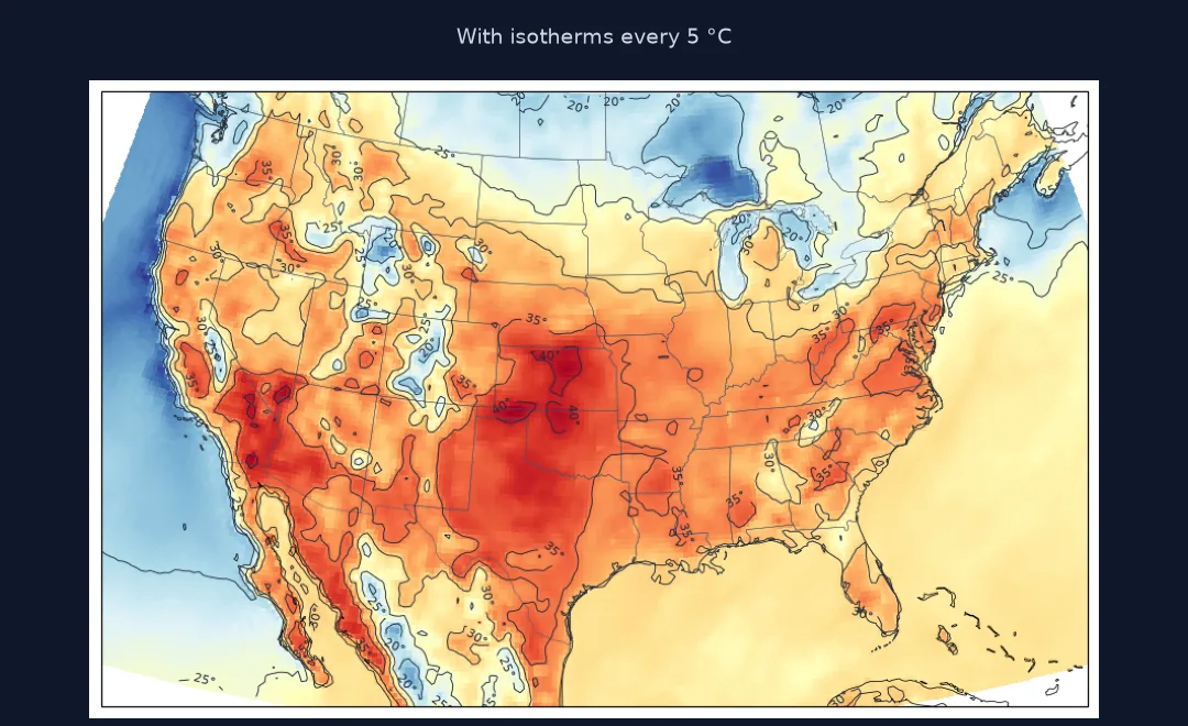 The same map with labelled isotherms every 5 °C, the 35 and 40 °C lines enclosing the hottest areas.