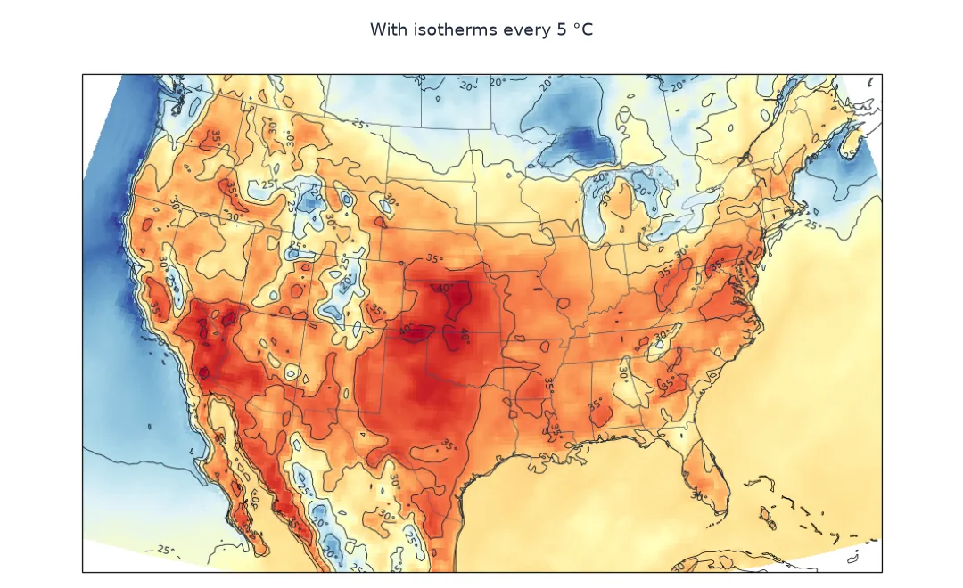 The same map with labelled isotherms every 5 °C, the 35 and 40 °C lines enclosing the hottest areas.