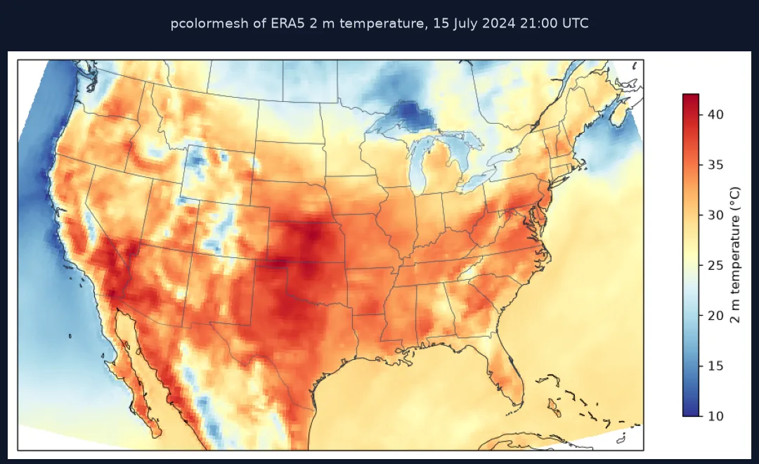 ERA5 2 m temperature over the contiguous United States at 21:00 UTC on 15 July 2024 in a Lambert conformal projection, red over the Plains, the Southwest and the East, blue along the Pacific coast and the Rockies.
