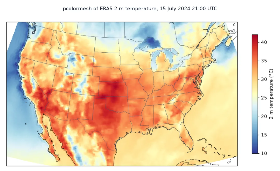 ERA5 2 m temperature over the contiguous United States at 21:00 UTC on 15 July 2024 in a Lambert conformal projection, red over the Plains, the Southwest and the East, blue along the Pacific coast and the Rockies.