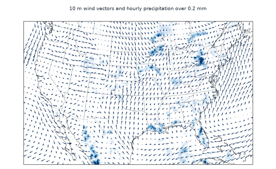 Map of 10 m wind vectors thinned to every fourth cell and hourly precipitation over 0.2 mm in blue, with rain areas near the Great Lakes, in the Southeast and near the Mexican border.